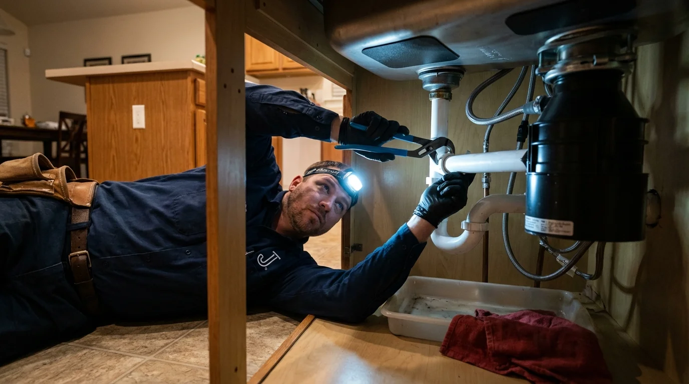 P-trap and supply line connections under a kitchen sink showing a common leak point in Basile, LA